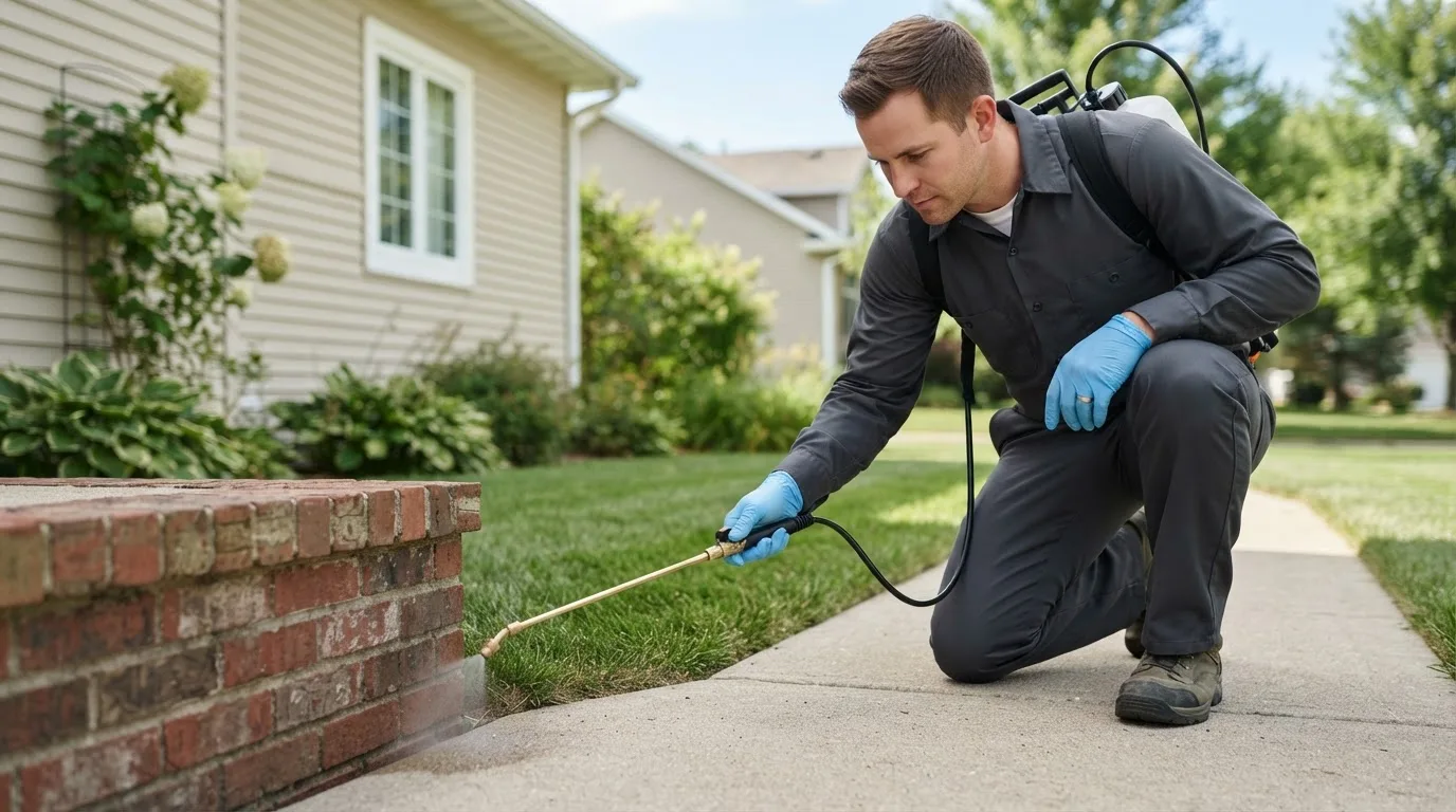 Pest control technician treating a home near Perth, ND